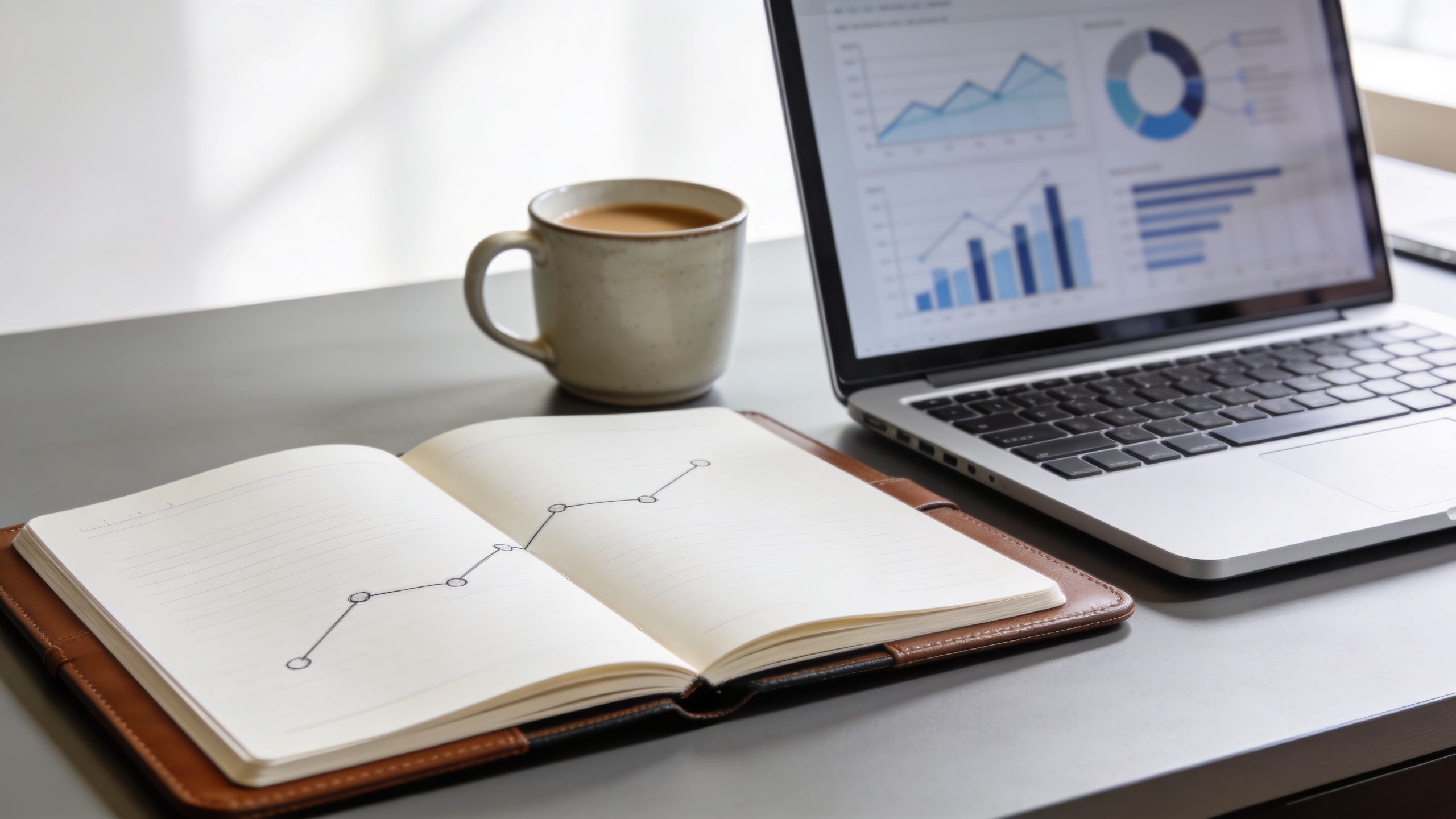 A professional desk workspace featuring a laptop showing business data charts, a coffee mug, and a notebook.
