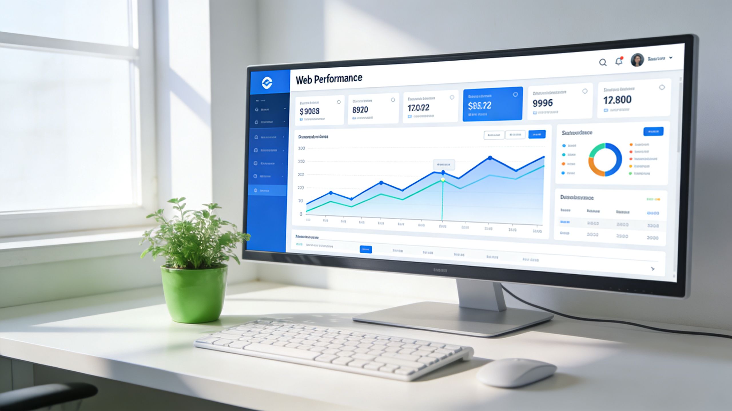 A modern office desk featuring a wide monitor displaying a detailed web performance dashboard and analytics interface.