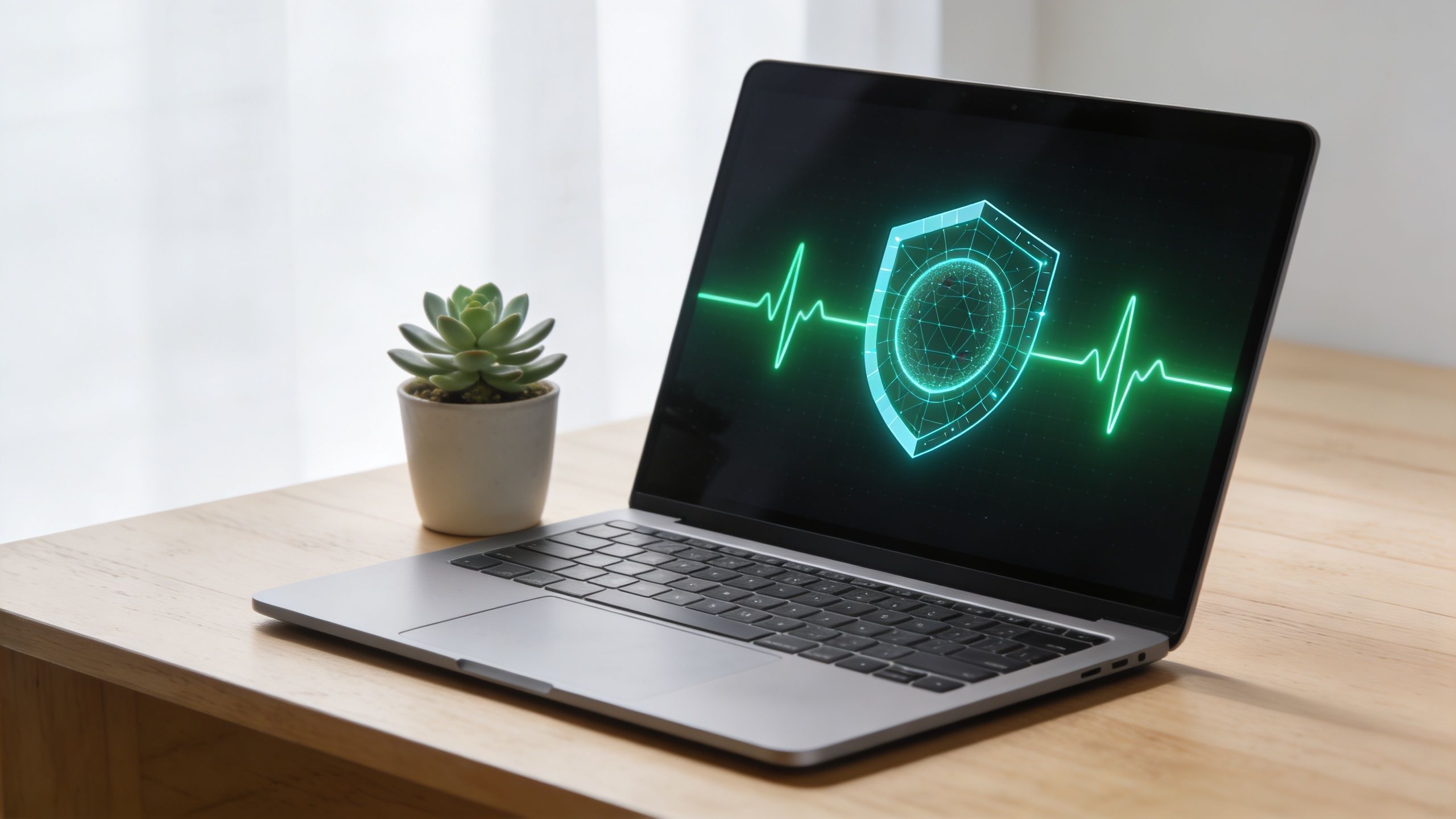 A modern laptop on a wooden desk displaying a digital security shield icon and heartbeat monitor graphic.