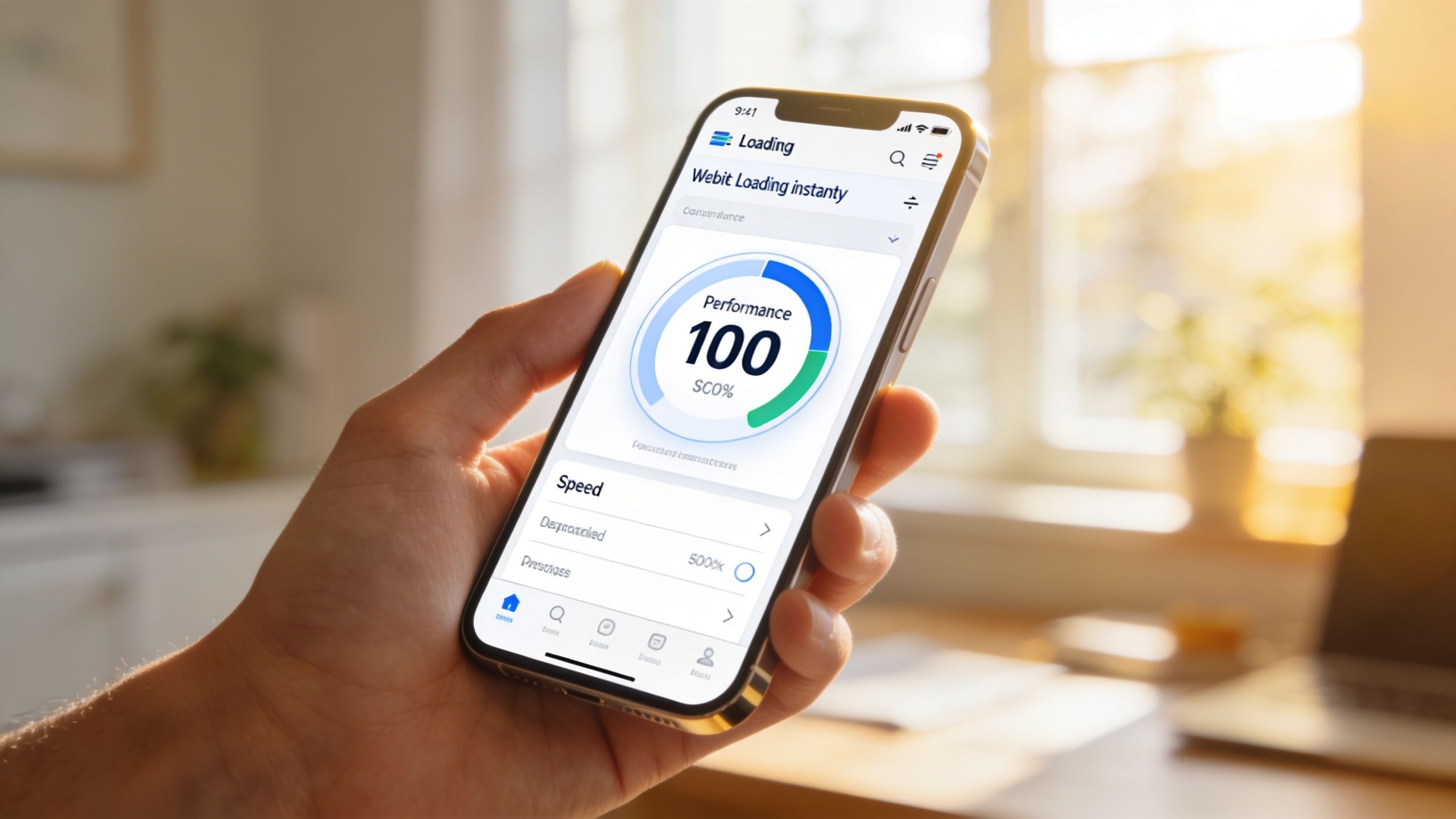A person holding a smartphone displaying a mobile app with a website performance loading score of 100.