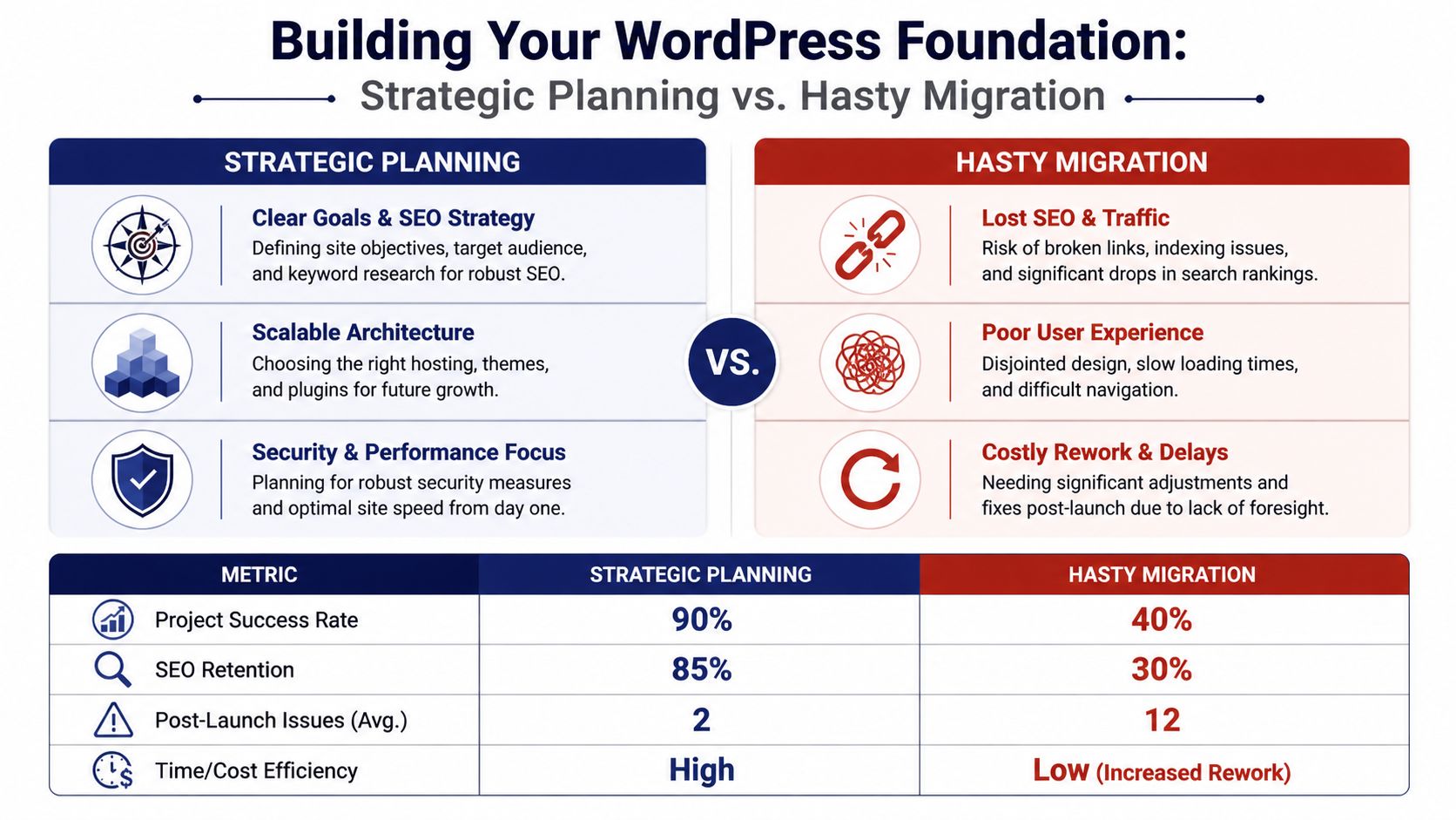 A comparison chart showing the benefits of strategic planning versus the risks of hasty WordPress website migration.