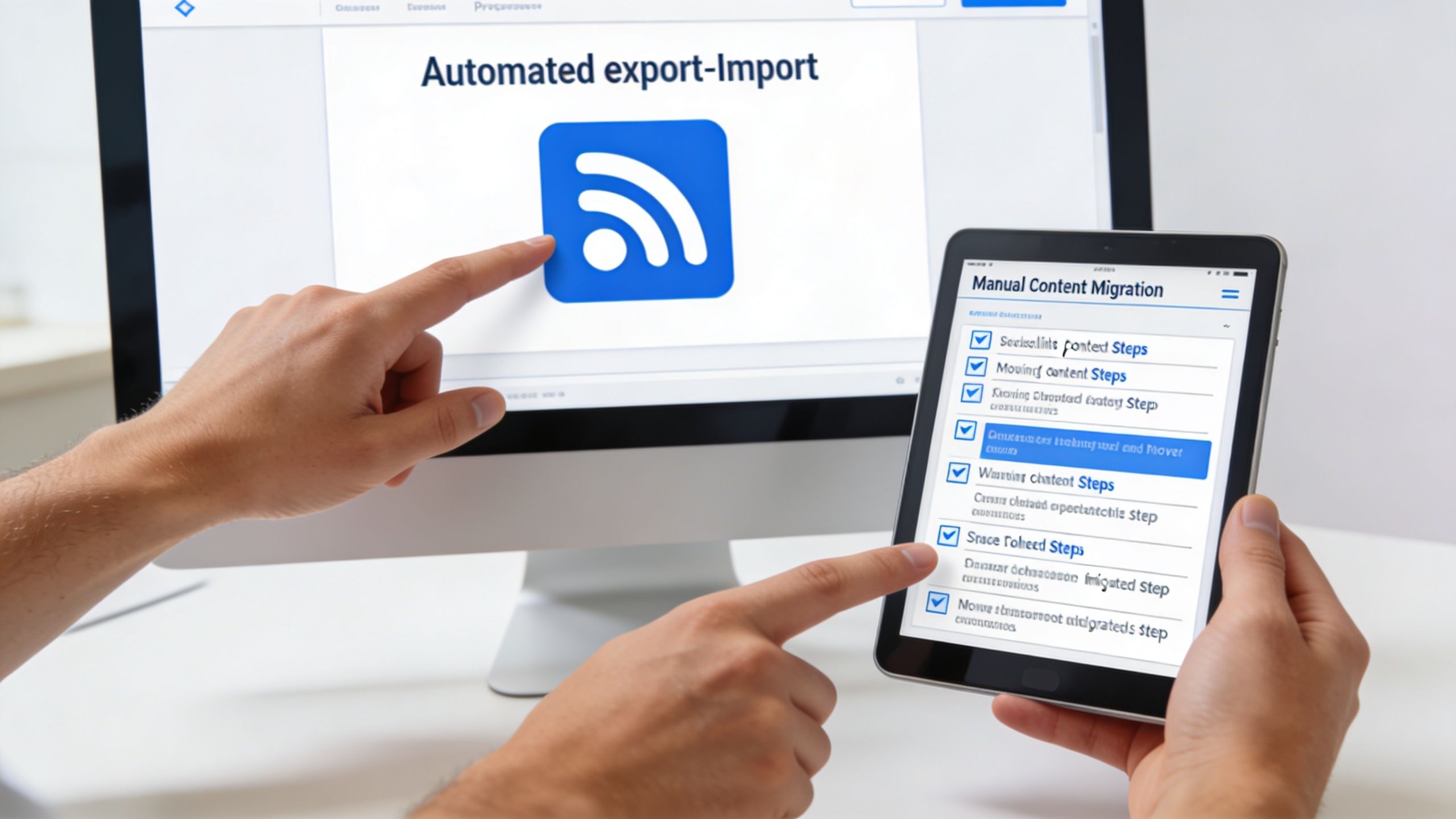 A person comparing automated website export tools on a computer screen with manual migration steps on a tablet.