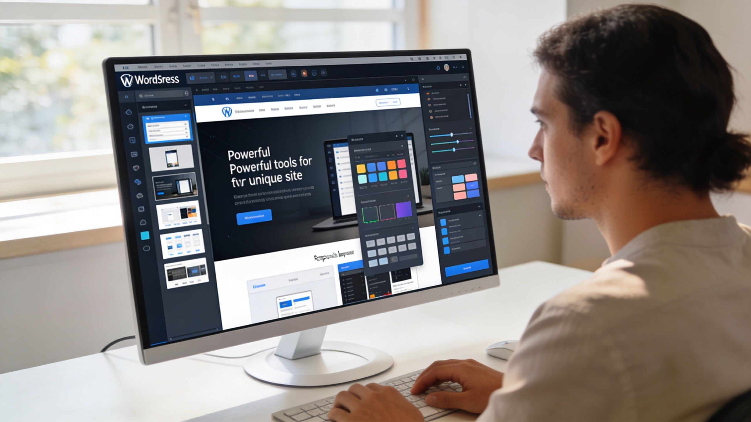 A designer working on a professional website layout using WordPress software on a large computer monitor.