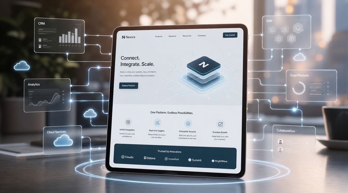 A digital tablet displaying a Nexora platform landing page surrounded by holographic data integration UI interface elements.