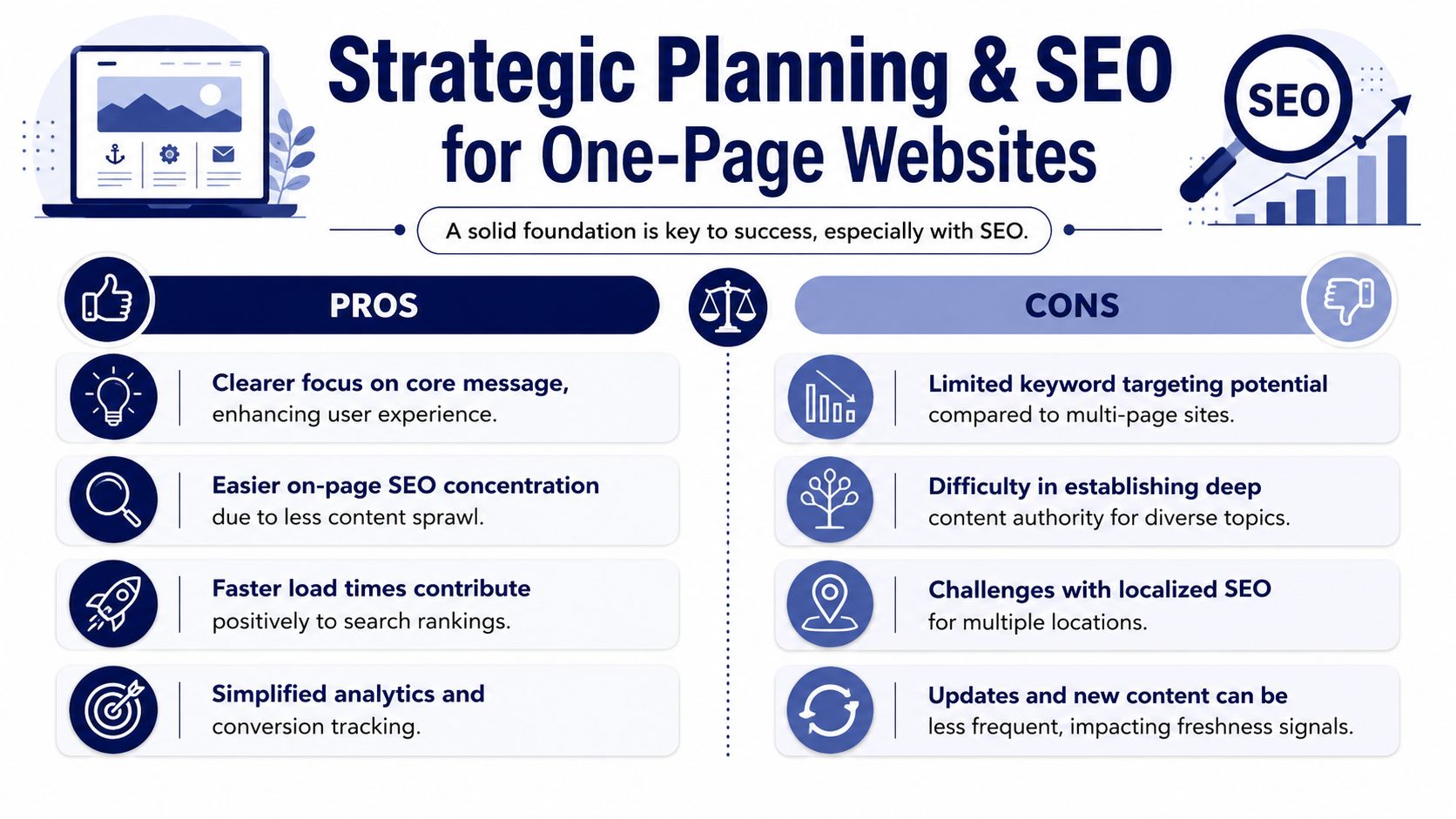 An infographic detailing the pros and cons of strategic planning and SEO for one-page websites.