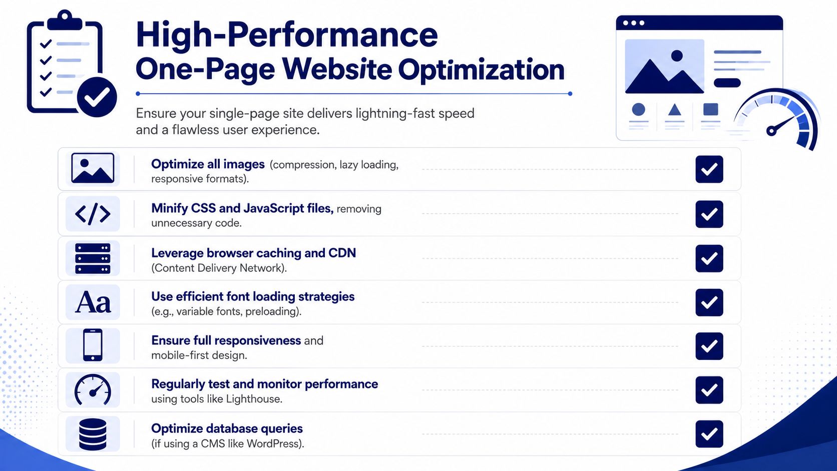 A checklist infographic illustrating seven key steps for optimizing high-performance one-page websites for better speed.
