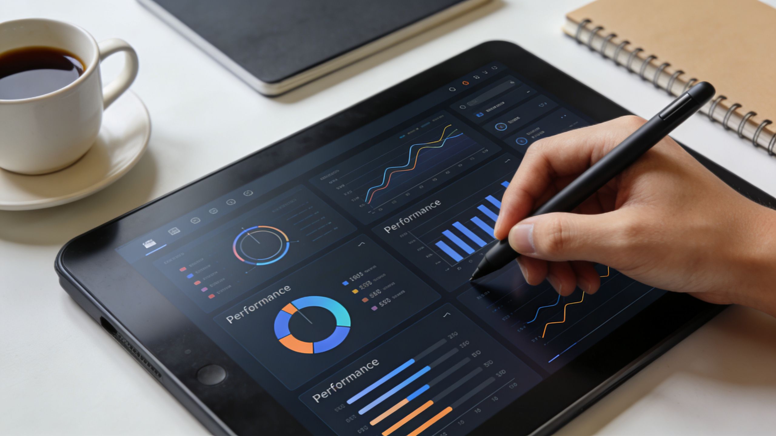 A professional analyzing business performance data on a tablet screen with a digital stylus pen.