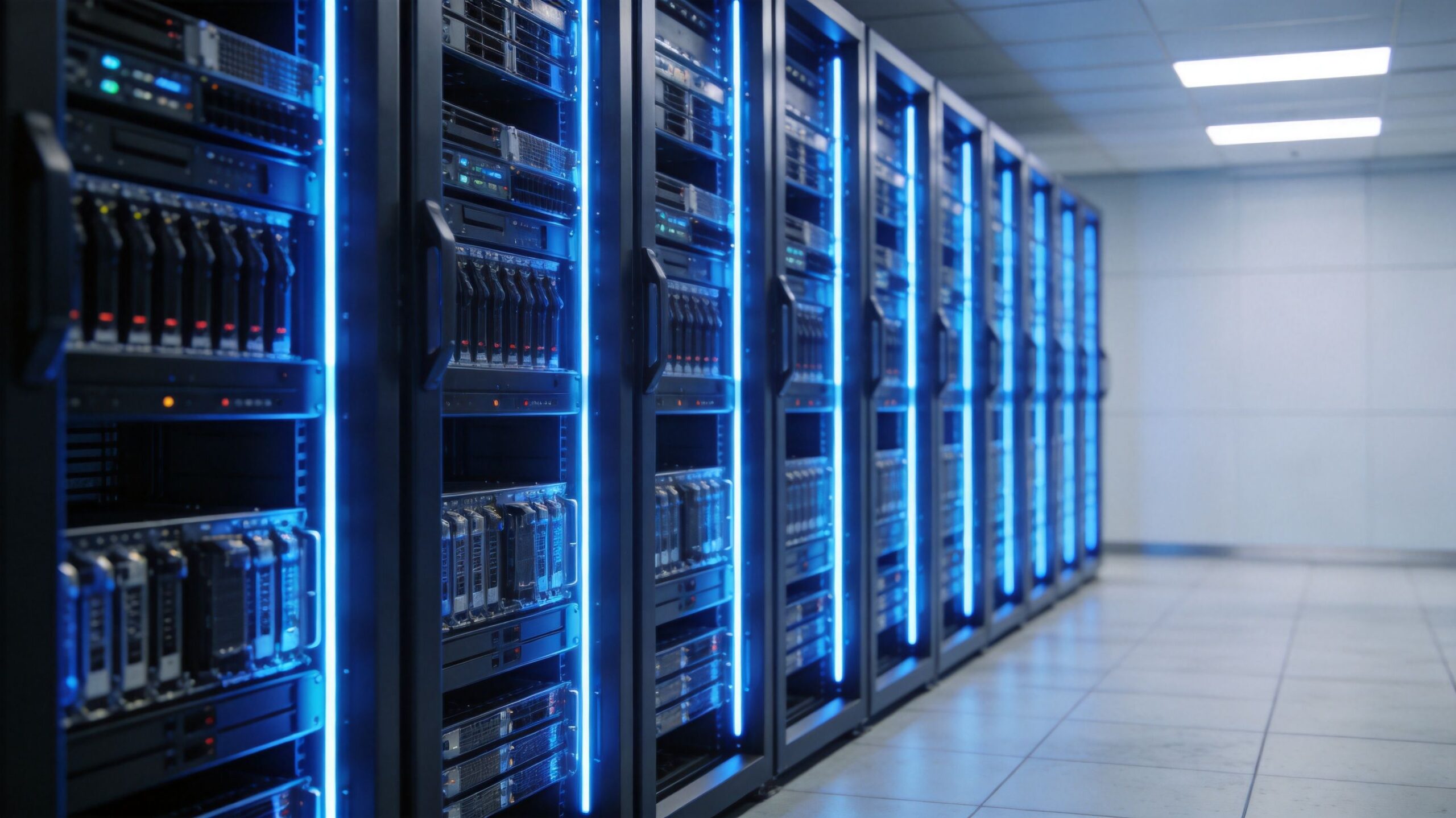 A row of server racks in a modern data center with glowing blue lights on the cabinet doors.
