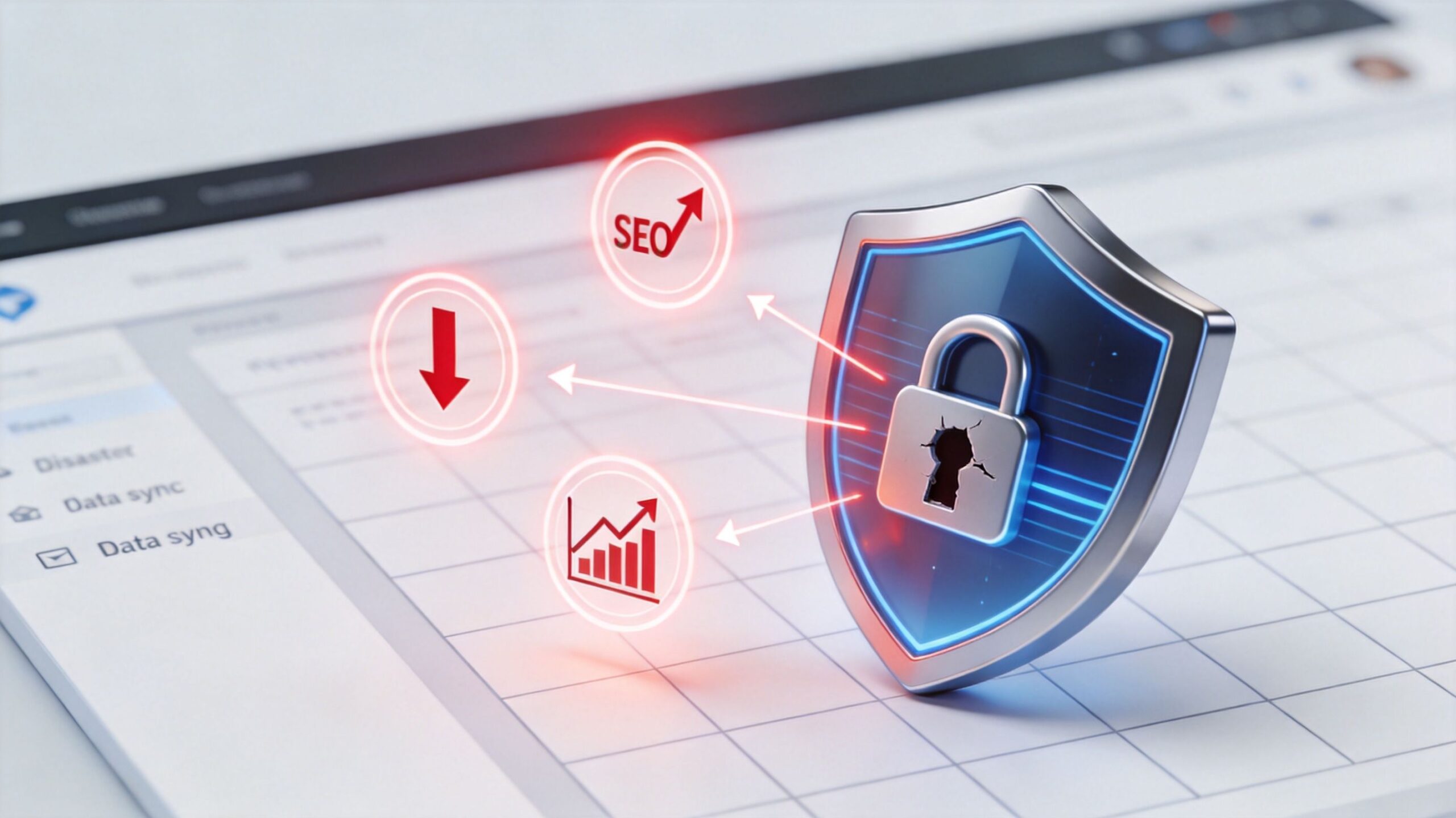 A 3D shield icon with a padlock protecting SEO, chart, and download data symbols on a digital grid.