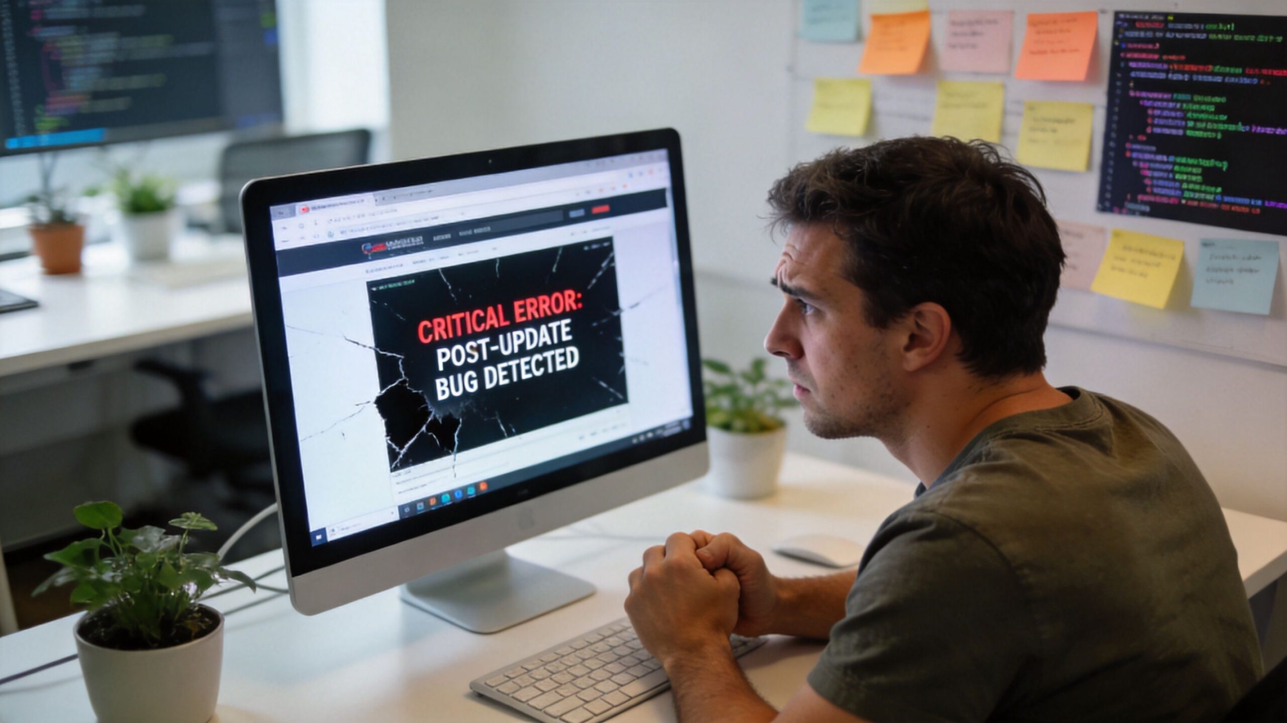 A concerned developer looks at a computer screen displaying a critical post-update bug error message.