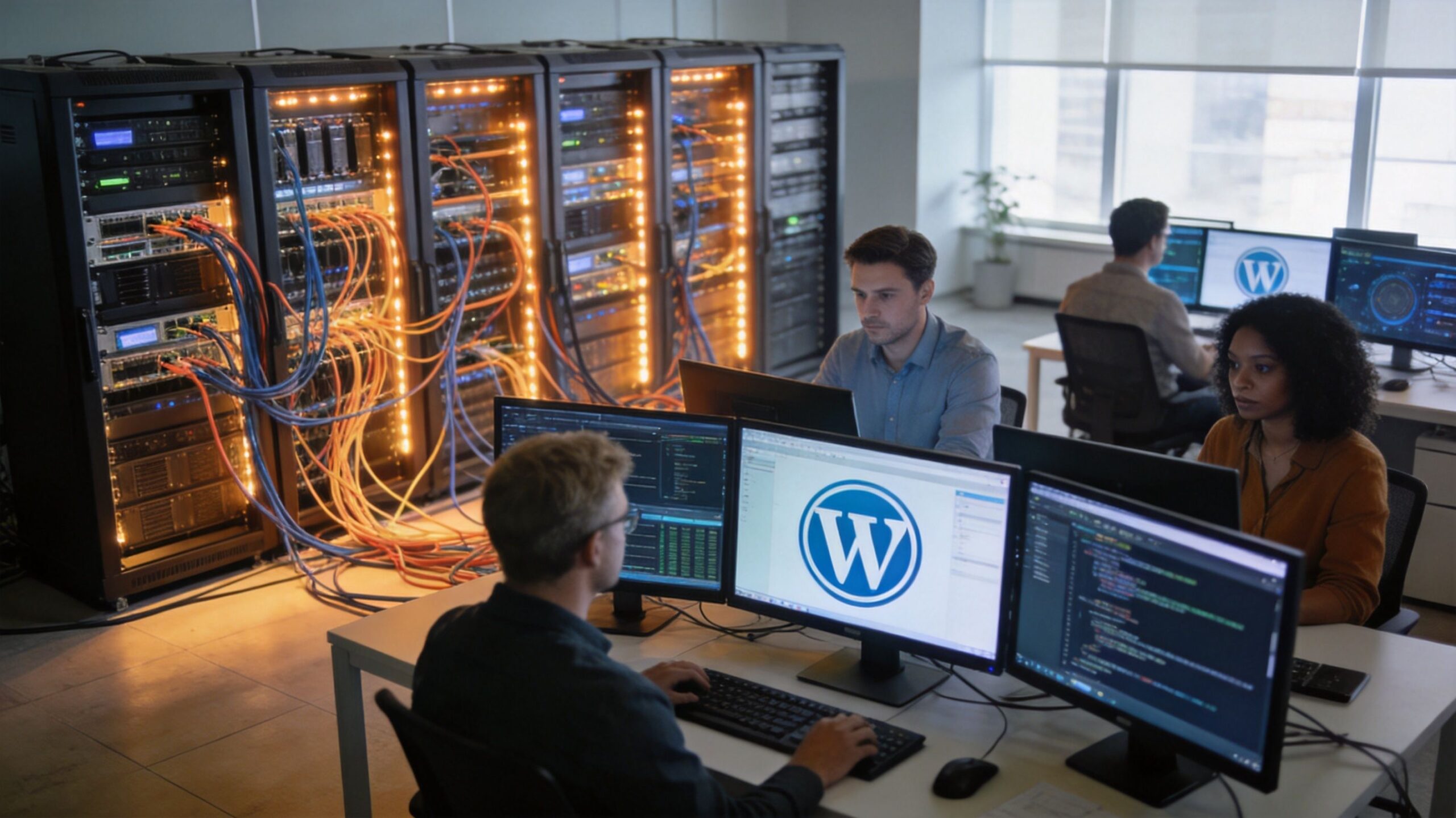 A diverse team of software developers working on websites in a modern server room office environment.