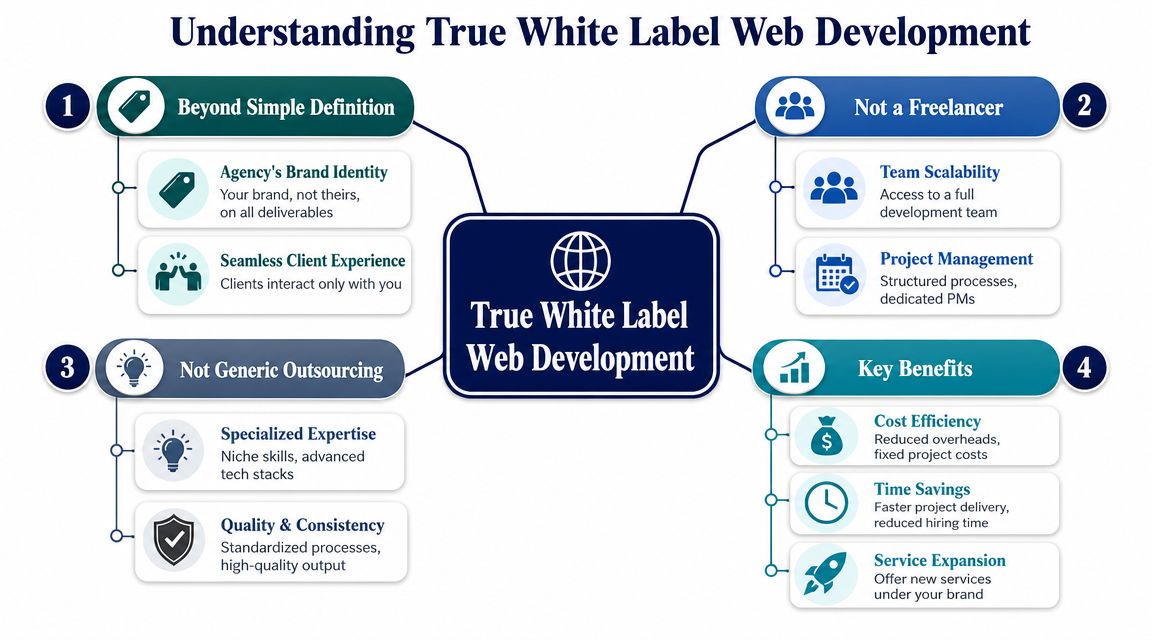 A diagram illustrating the core concepts and benefits of true white label web development services for agencies.