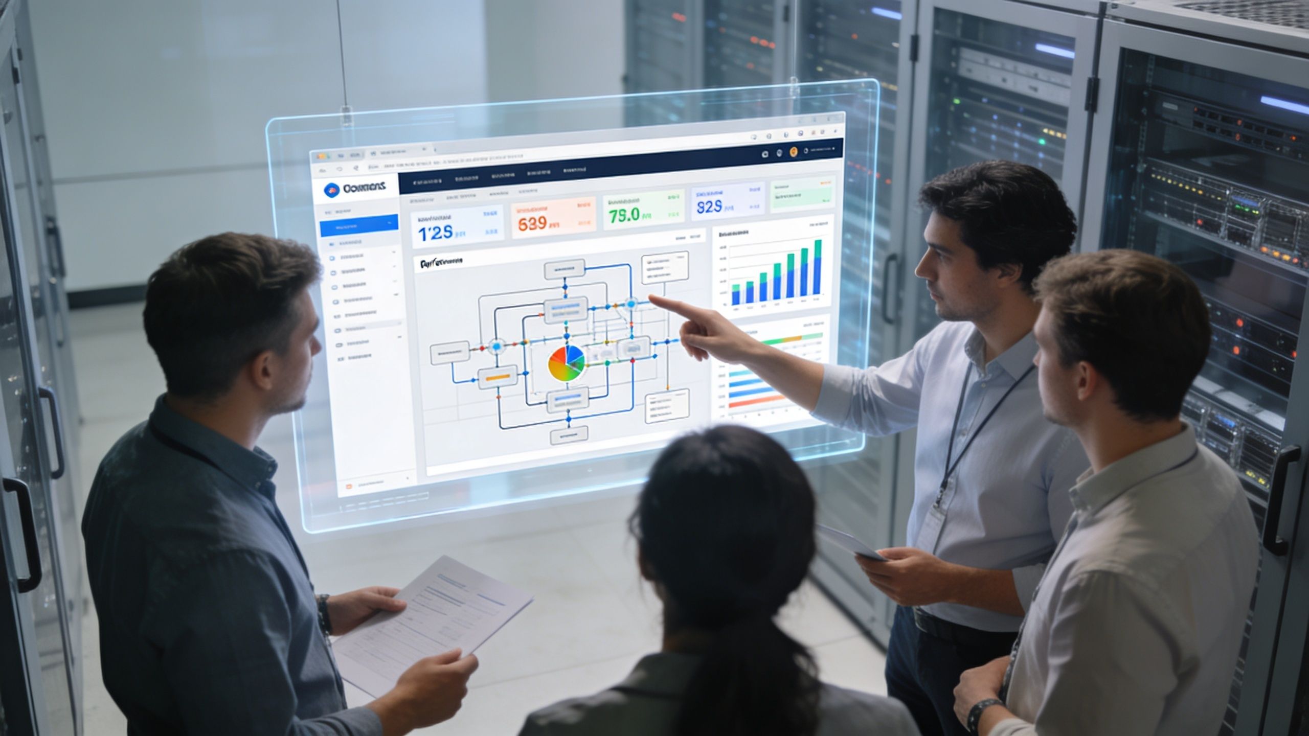 A team of IT professionals collaboratively analyzing complex network data on a transparent digital screen in a server room.