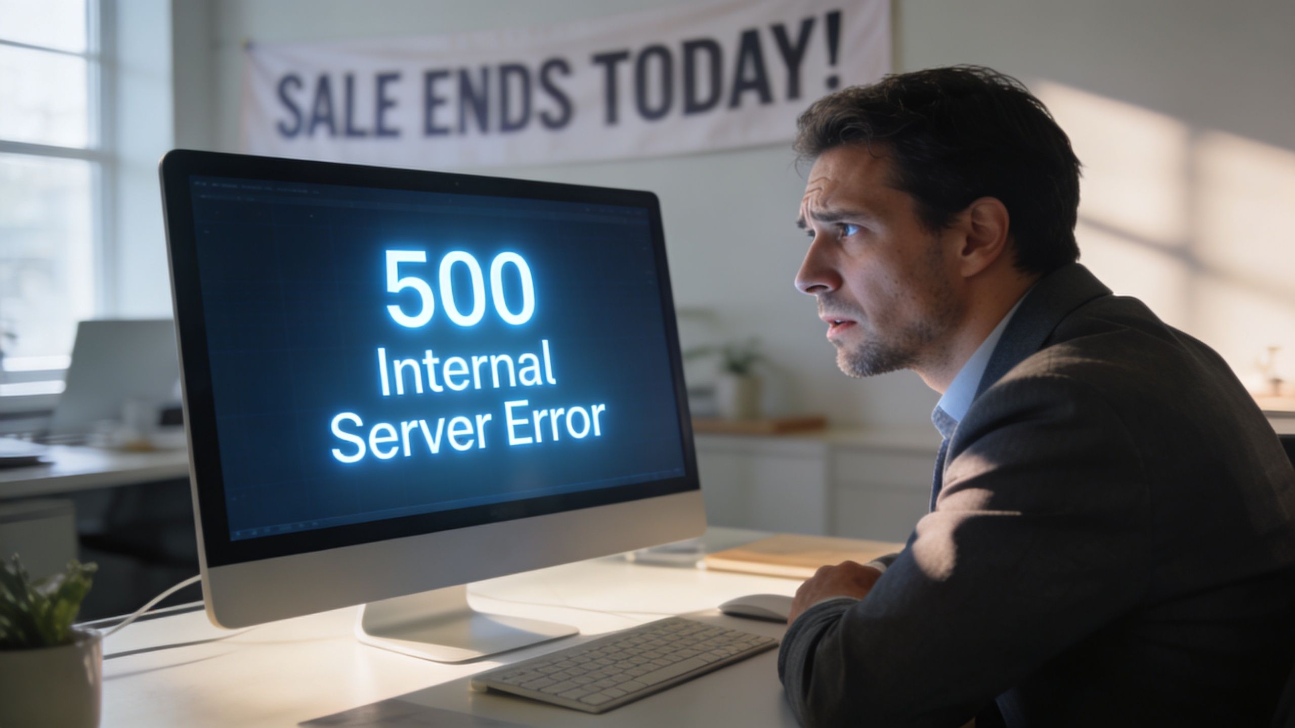 A concerned office worker staring at a computer screen displaying a 500 Internal Server Error message.