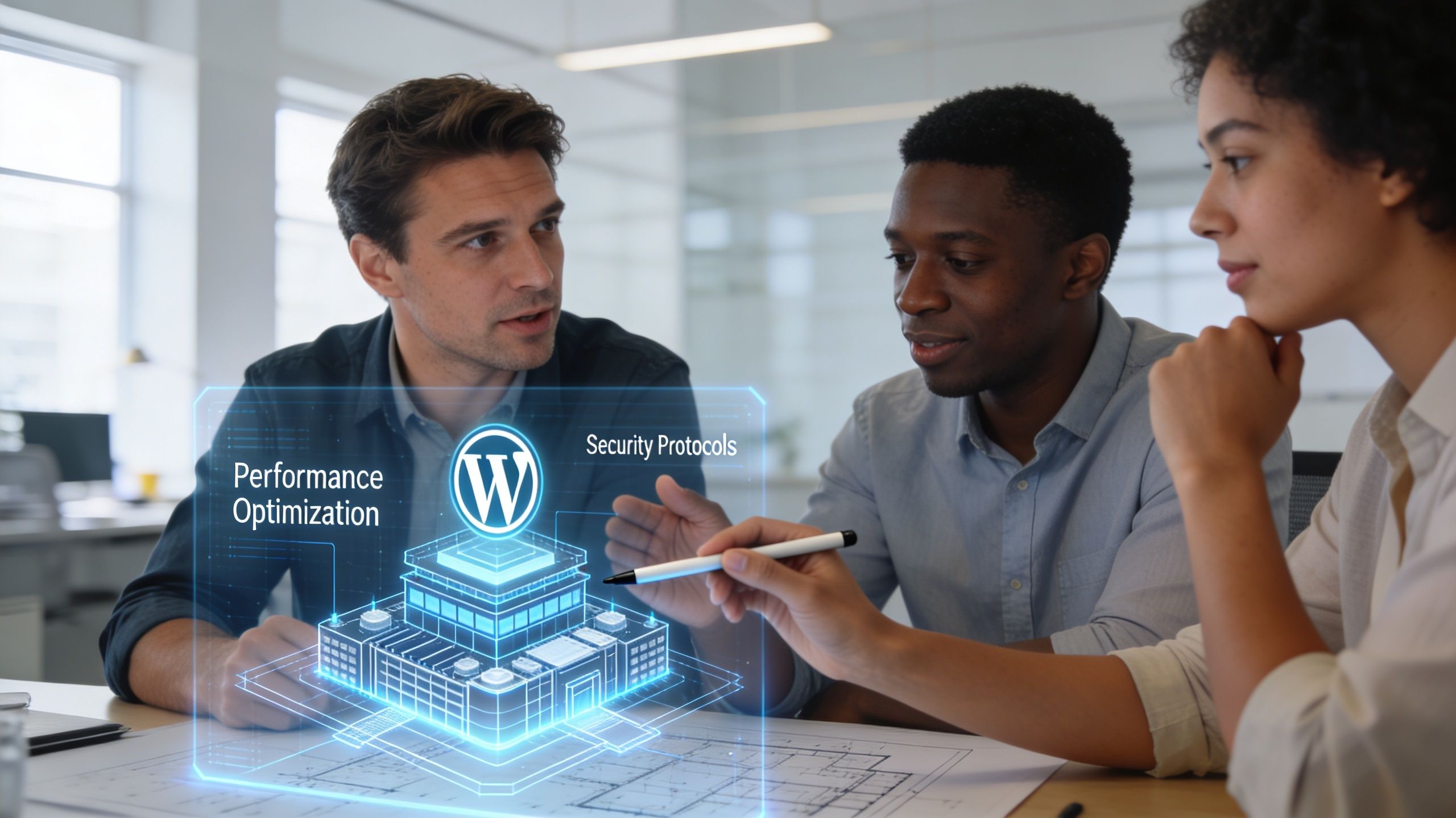 A diverse team of professionals collaboratively discussing WordPress maintenance, security, and website performance optimization strategies.