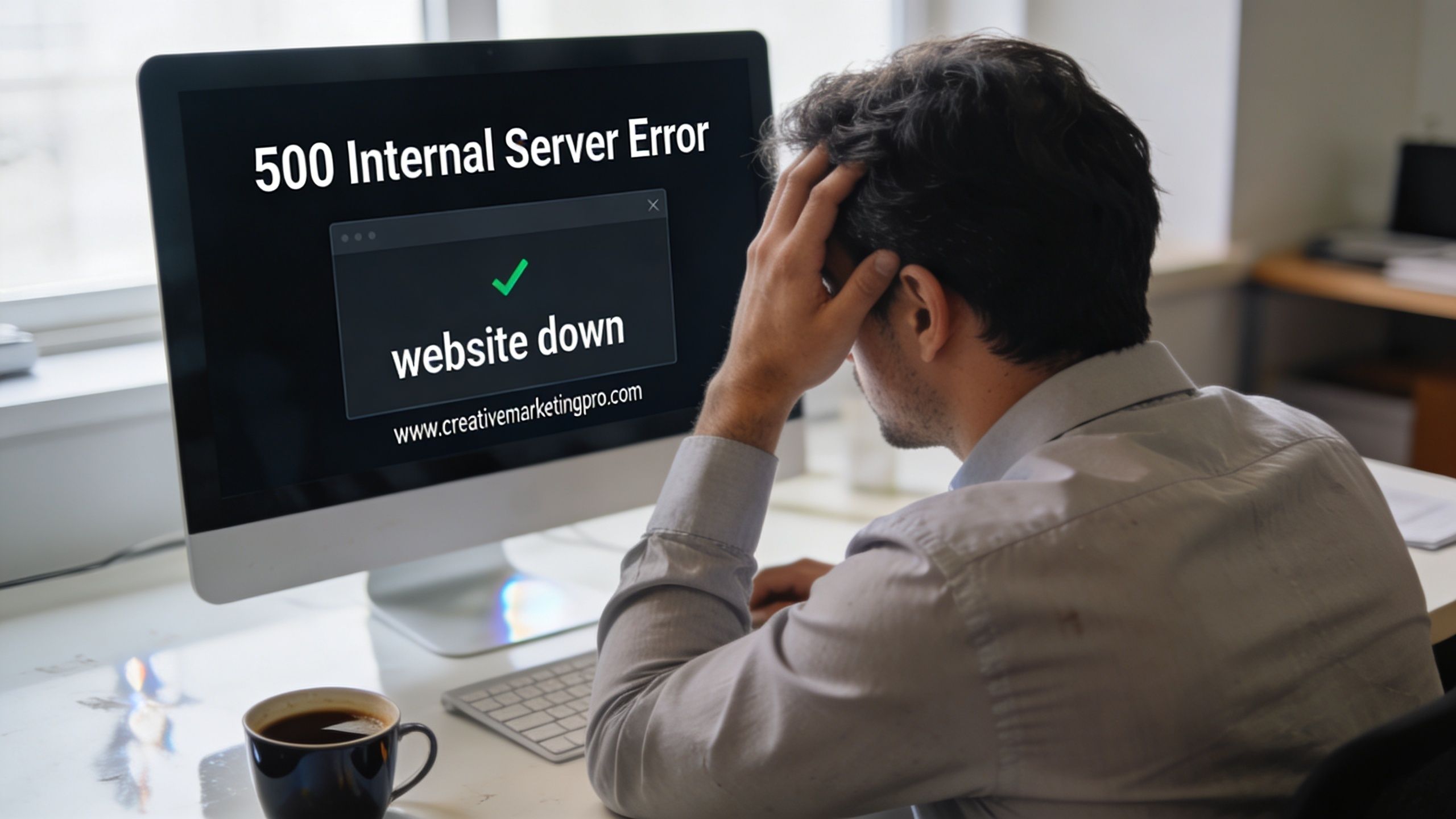 A frustrated man looking at a computer screen displaying a 500 Internal Server Error message