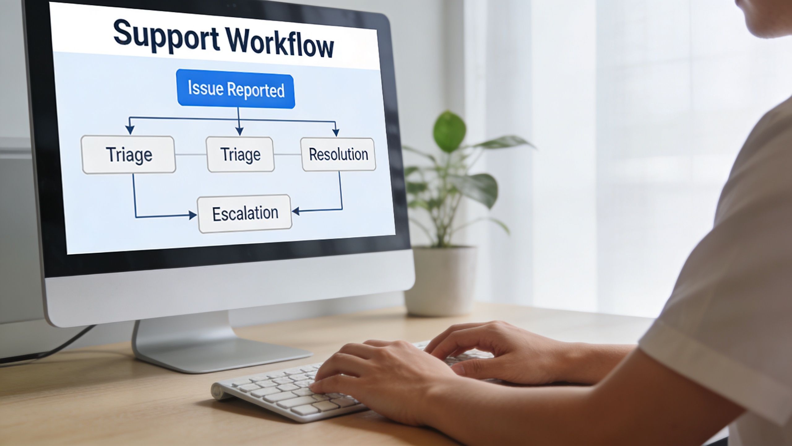 A professional working at a computer desk viewing a support workflow diagram on their monitor screen.
