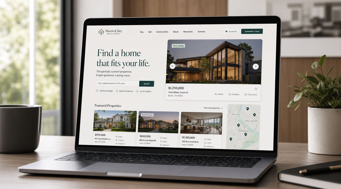 A modern laptop displaying a Haven & Key real estate website featuring property listings on a wooden desk.