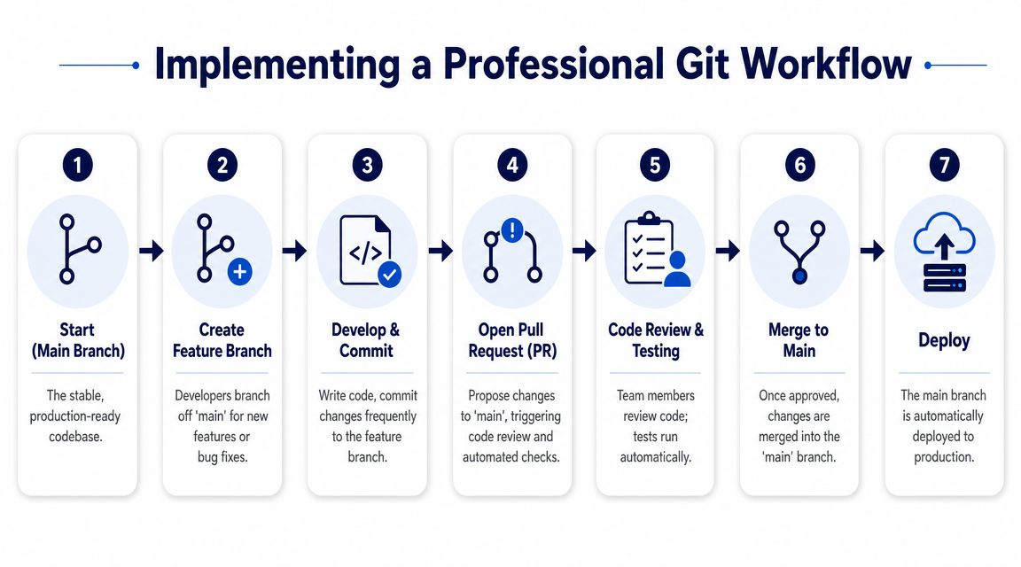 A seven-step diagram illustrating a professional Git workflow for developers, from main branch to final deployment.