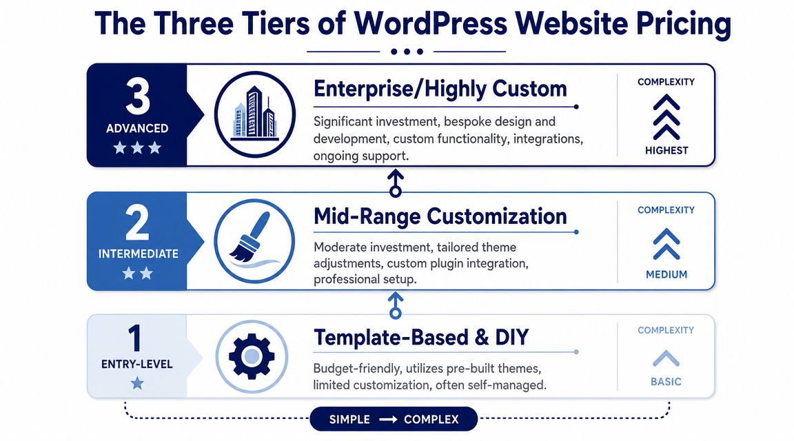 An infographic showing three tiers of WordPress website pricing, ranging from entry-level template solutions to advanced enterprise-level custom development.