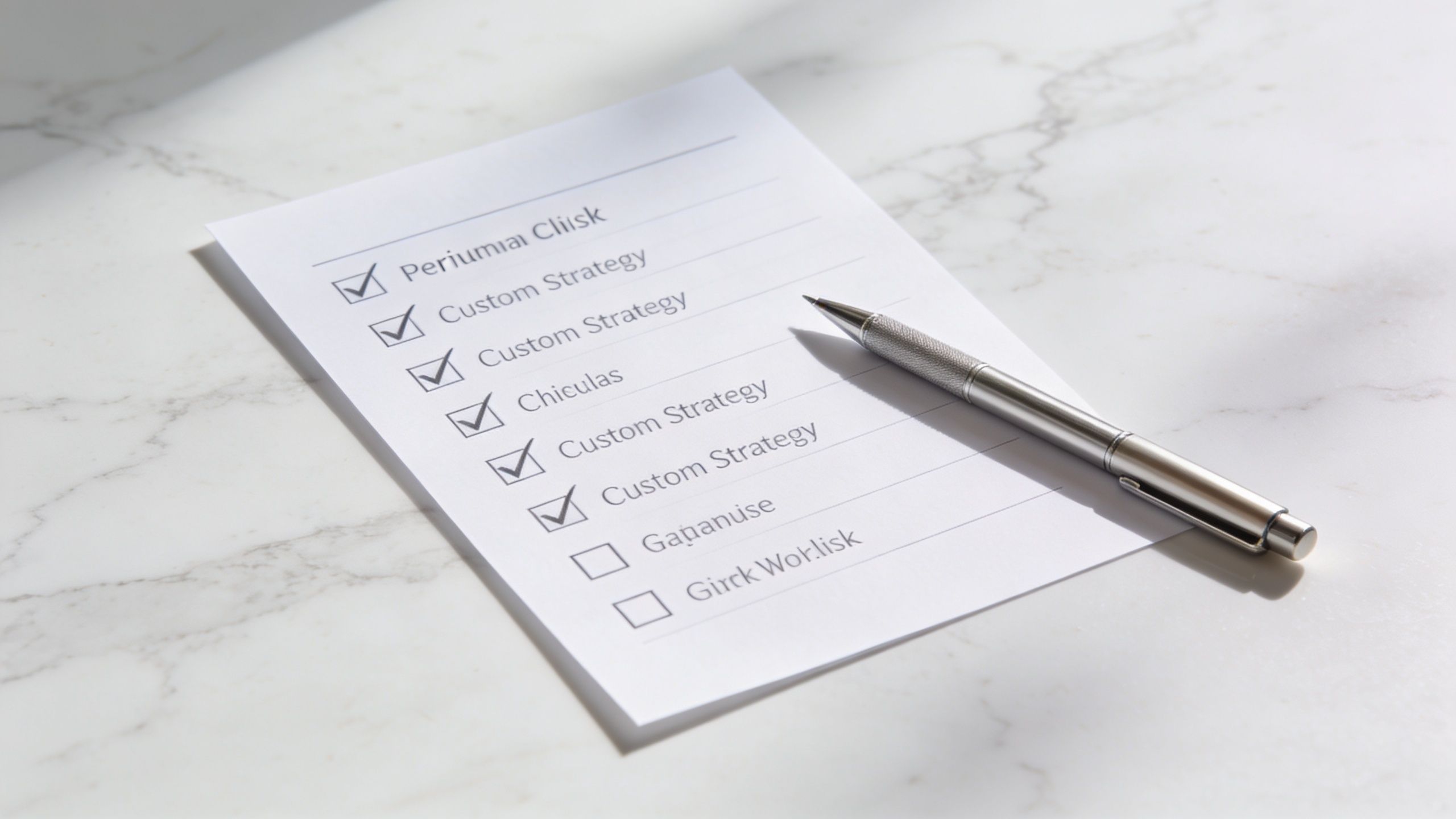 A checklist with several completed tasks and a silver pen resting on a white marble table surface.