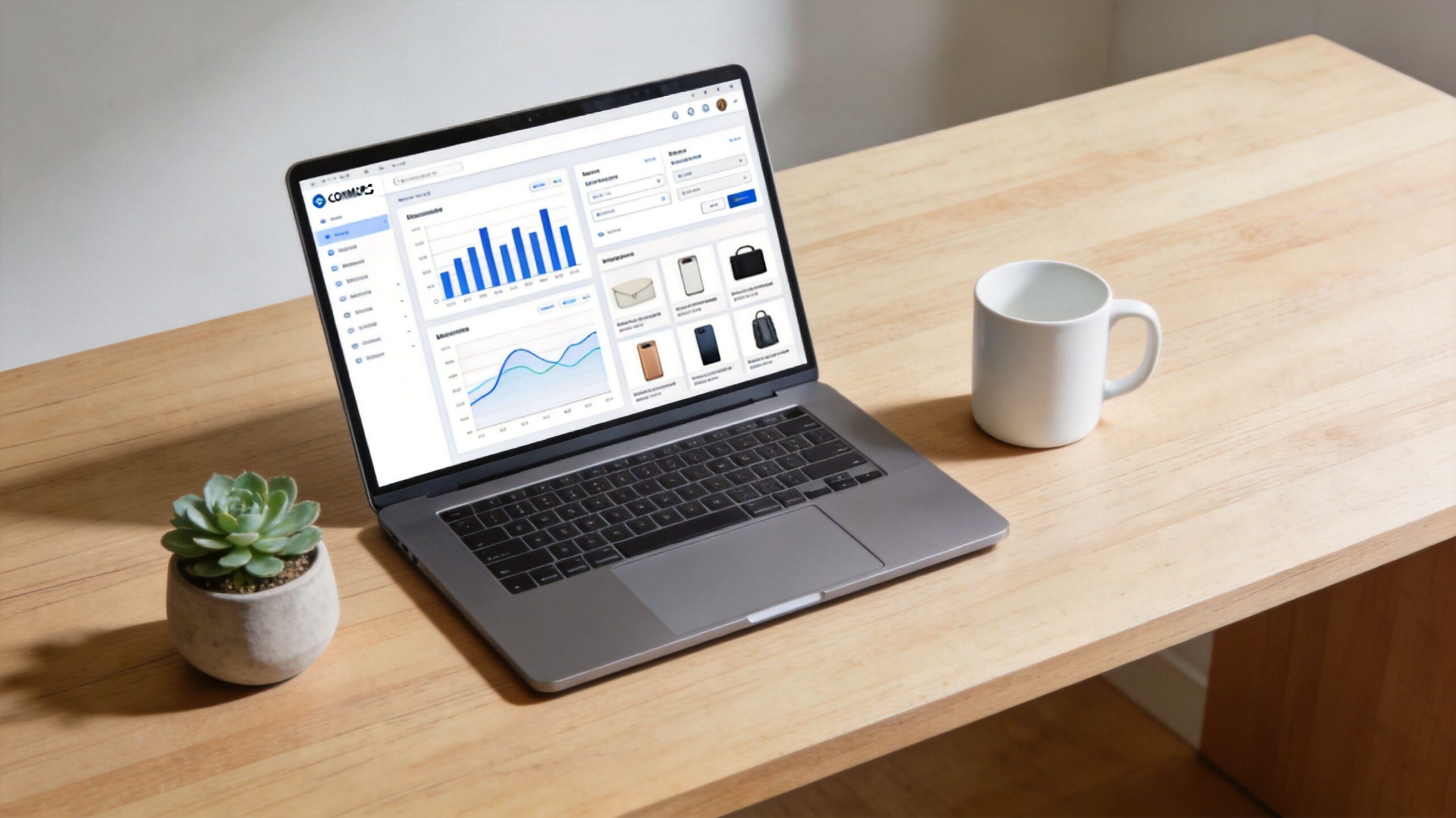 A modern laptop displaying analytics dashboard on a desk next to a coffee mug and succulent plant.