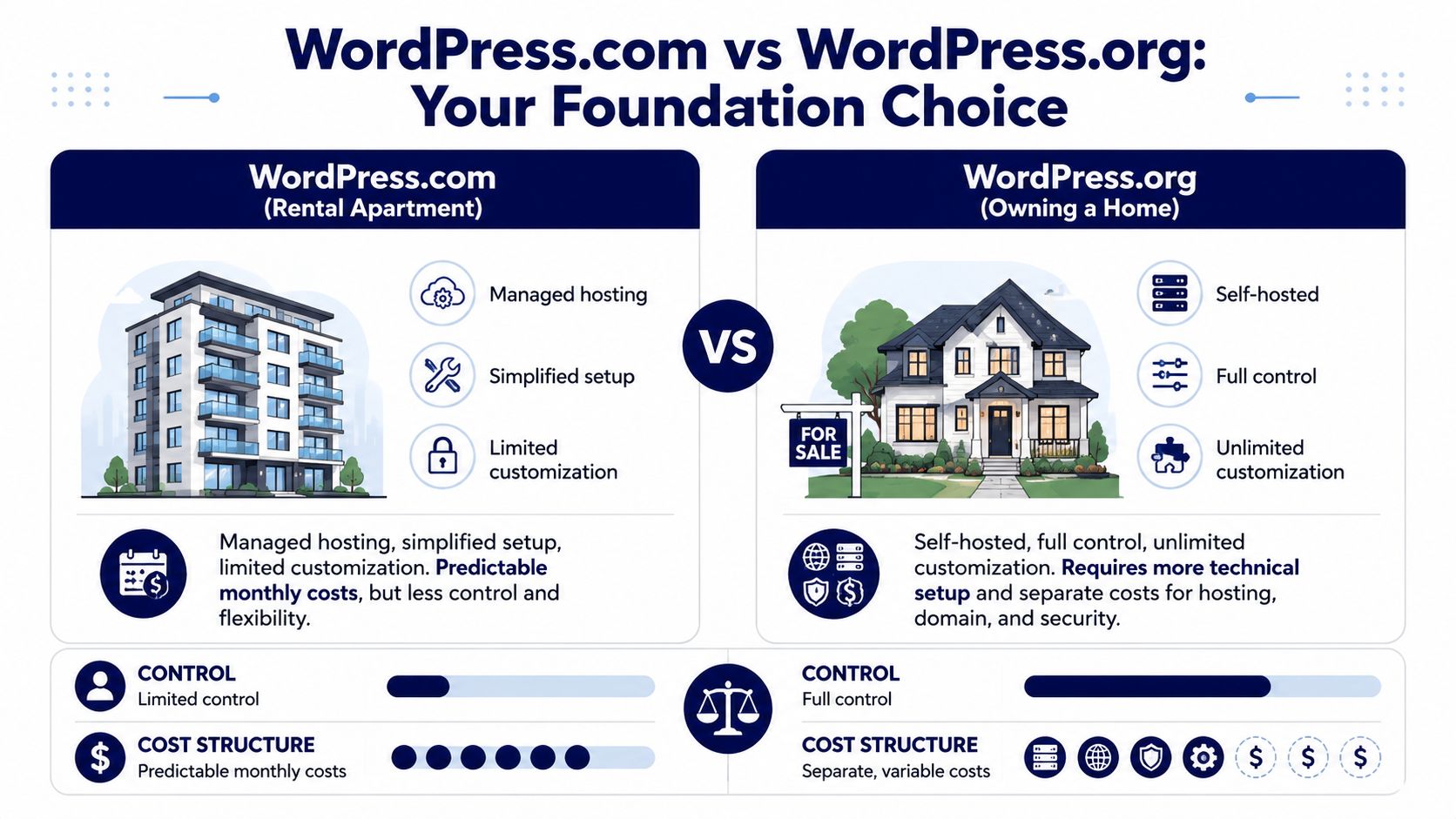 A comparison chart showing the differences between WordPress.com managed hosting and self-hosted WordPress.org platforms.