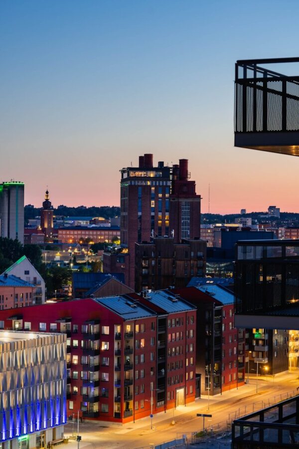 A view of a city at night from a high rise