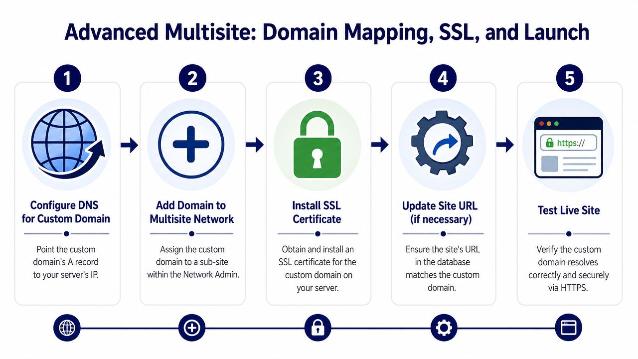 A five-step infographic showing the process of setting up domain mapping for a WordPress multisite network.