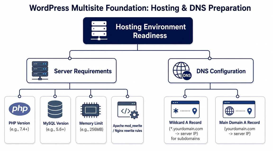 A flowchart detailing server and DNS requirements for preparing a WordPress Multisite hosting environment.