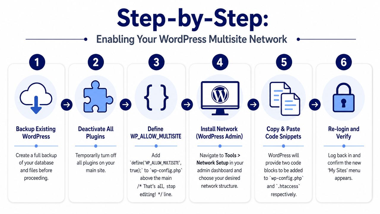 A step-by-step guide illustrating how to enable a WordPress multisite network, from backing up to verification.