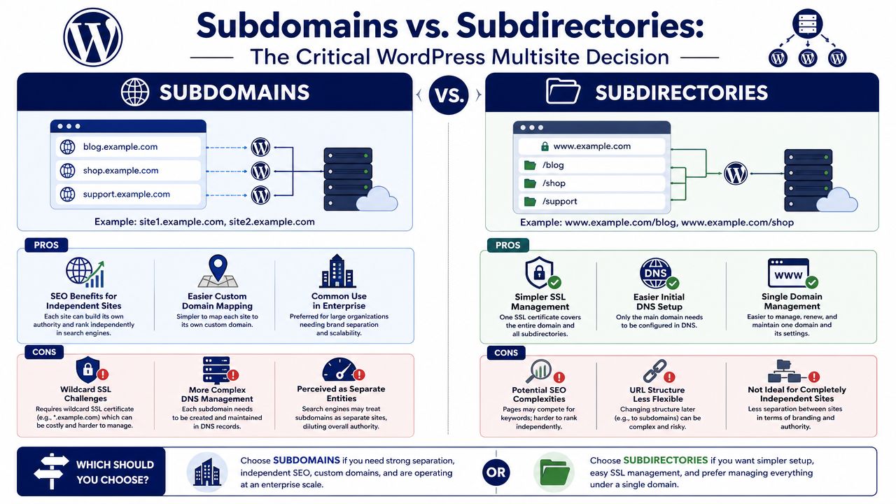 An infographic comparing WordPress subdomains versus subdirectories to help users choose the right multisite setup.