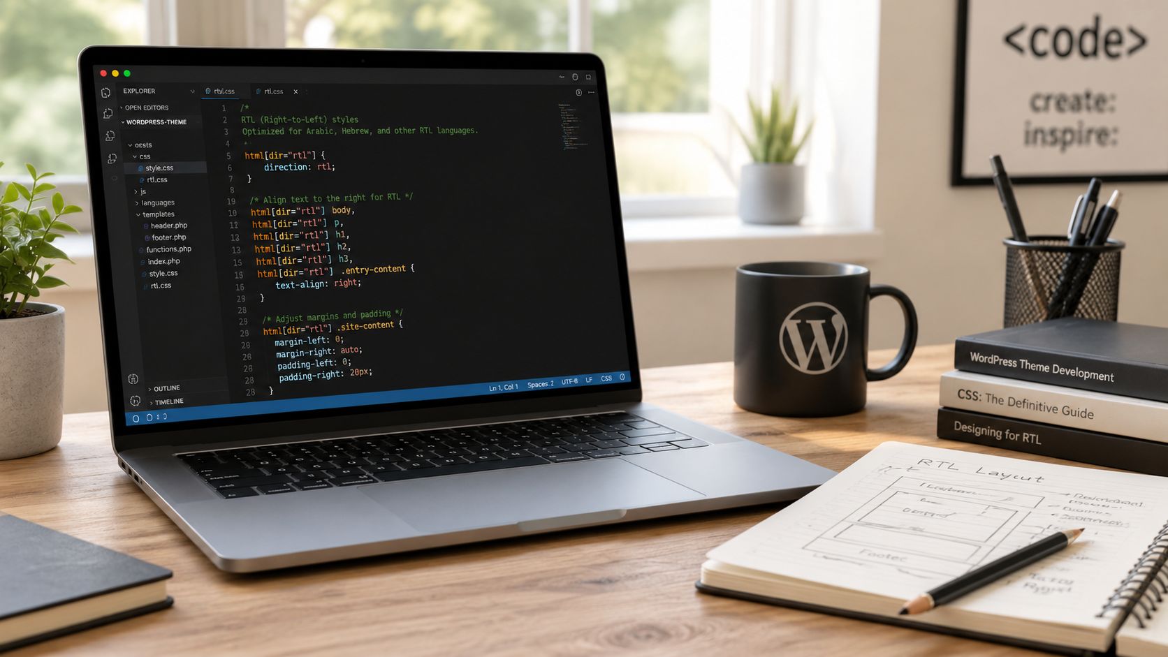 A modern laptop displaying WordPress theme RTL CSS code on a desk with a design notebook and books.