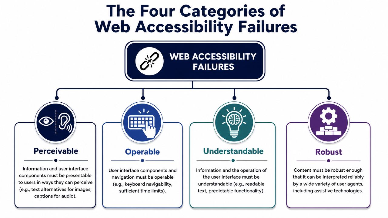 A diagram outlining the four categories of web accessibility: Perceivable, Operable, Understandable, and Robust.