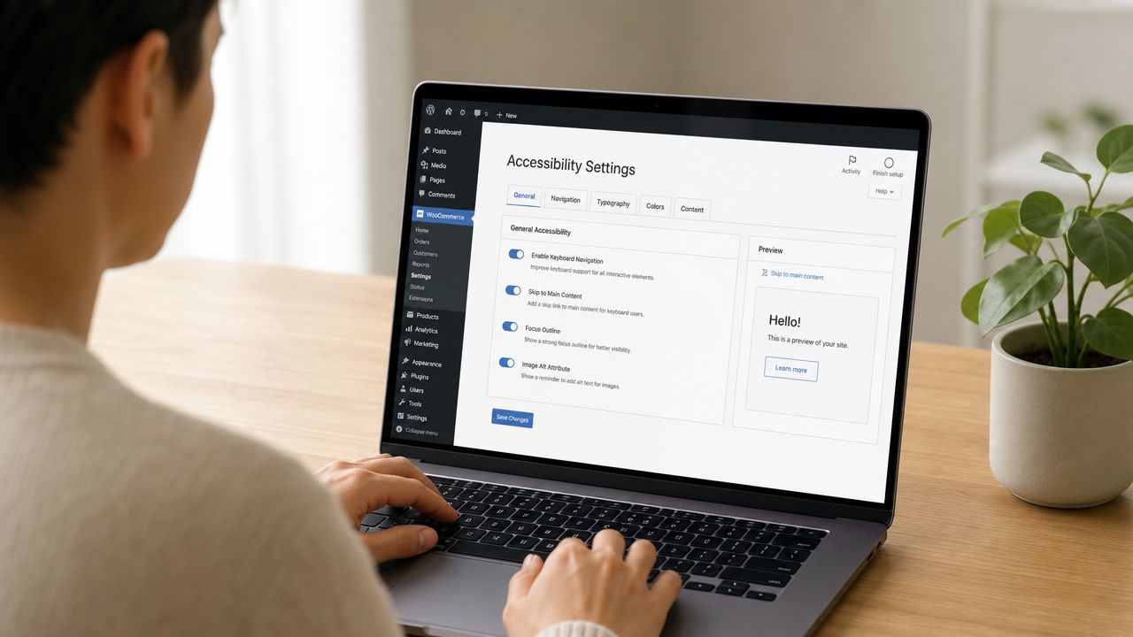 A person using a laptop to customize web accessibility settings on a website dashboard interface.