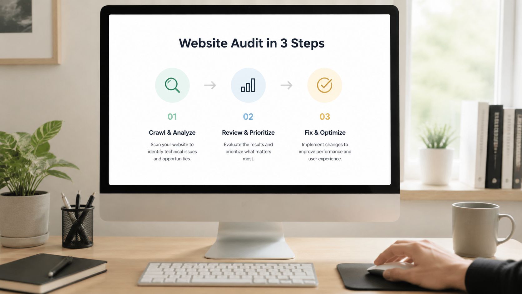 A computer screen displaying a simple three-step website audit process infographic in an office environment.