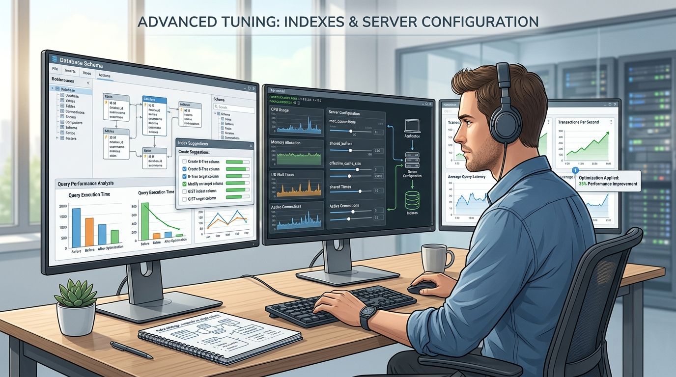 A professional database administrator analyzing server performance and index configuration on triple computer monitors in a office.
