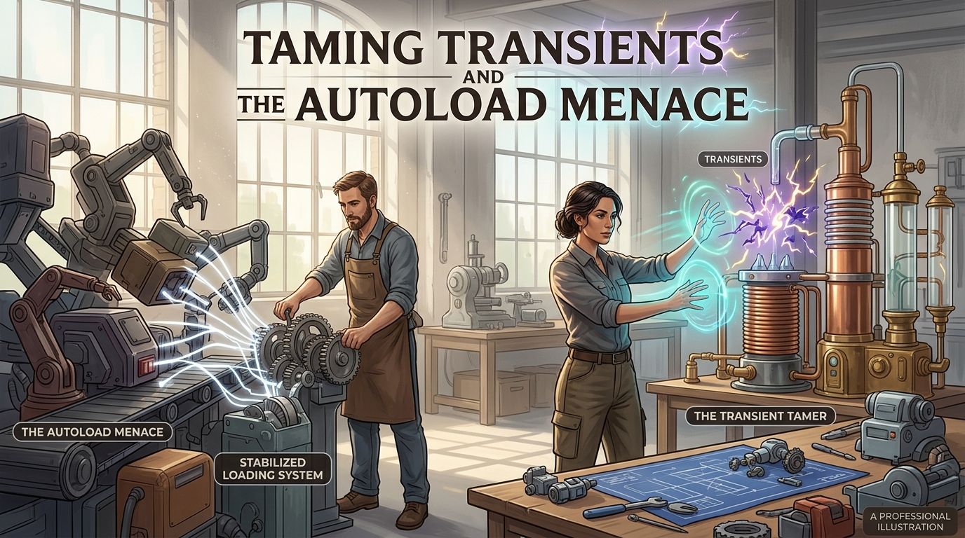 A professional illustration of a man and woman working in a workshop on industrial machinery and electrical energy.