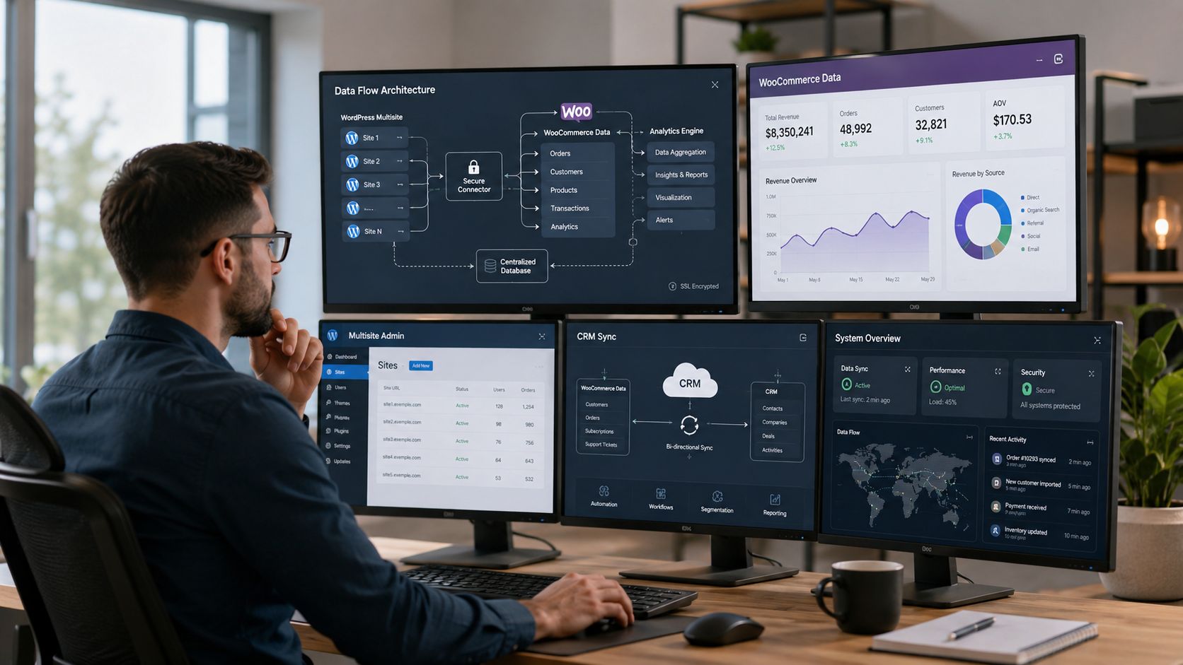 A professional developer analyzing data flow and CRM integration dashboards on multiple computer monitors in an office.