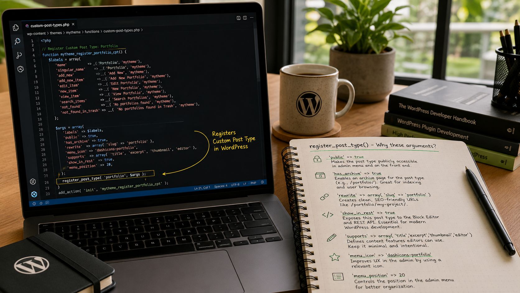 A laptop displaying WordPress custom post type code beside a notebook explaining the register_post_type function arguments.