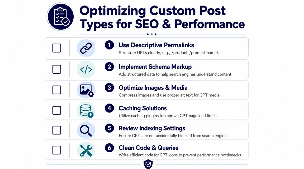 A checklist infographic detailing six essential steps for optimizing WordPress custom post types for SEO and performance.