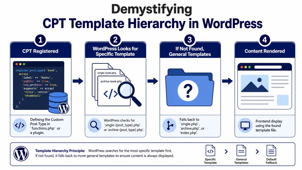 A flowchart explaining the WordPress custom post type template hierarchy process from registration to frontend content rendering.