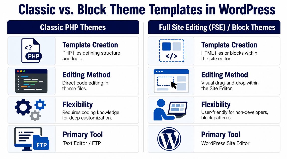 A comparison chart showing the differences between WordPress Classic PHP themes and Full Site Editing block themes.