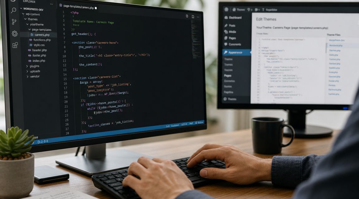 A developer coding a custom WordPress page template on a computer screen at a wooden desk.