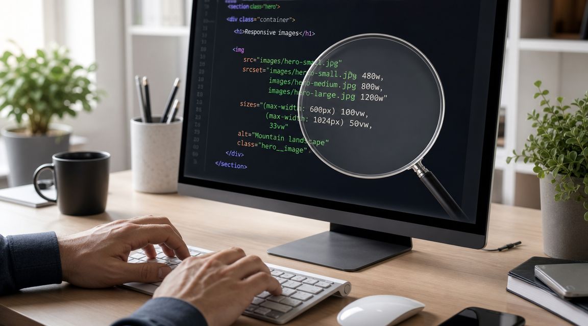 A developer typing code for responsive website images on a desktop monitor with a magnifying glass overlay.