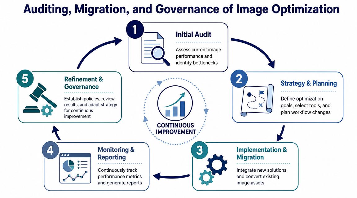 A five-step process diagram illustrating the lifecycle of image optimization, including auditing, strategy, migration, and governance.