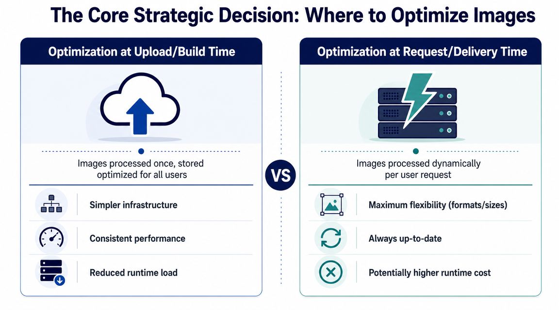 A comparison chart showing the differences between image optimization at upload time versus request time.