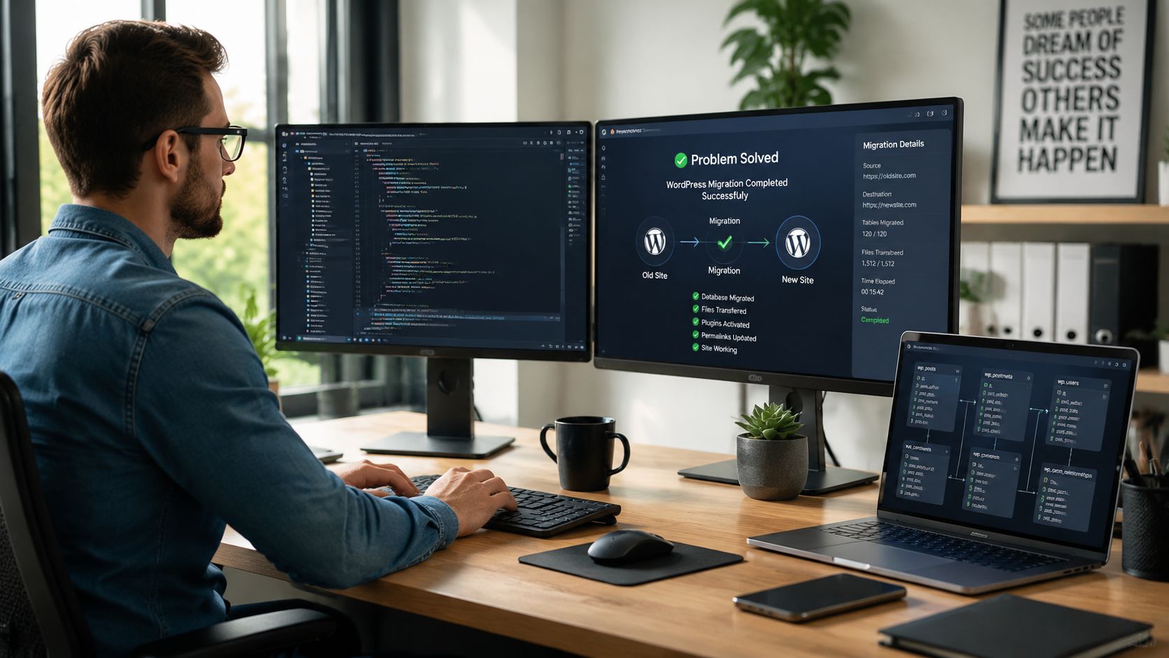 A male software developer monitors a successful WordPress website migration on multiple computer screens in a home office.