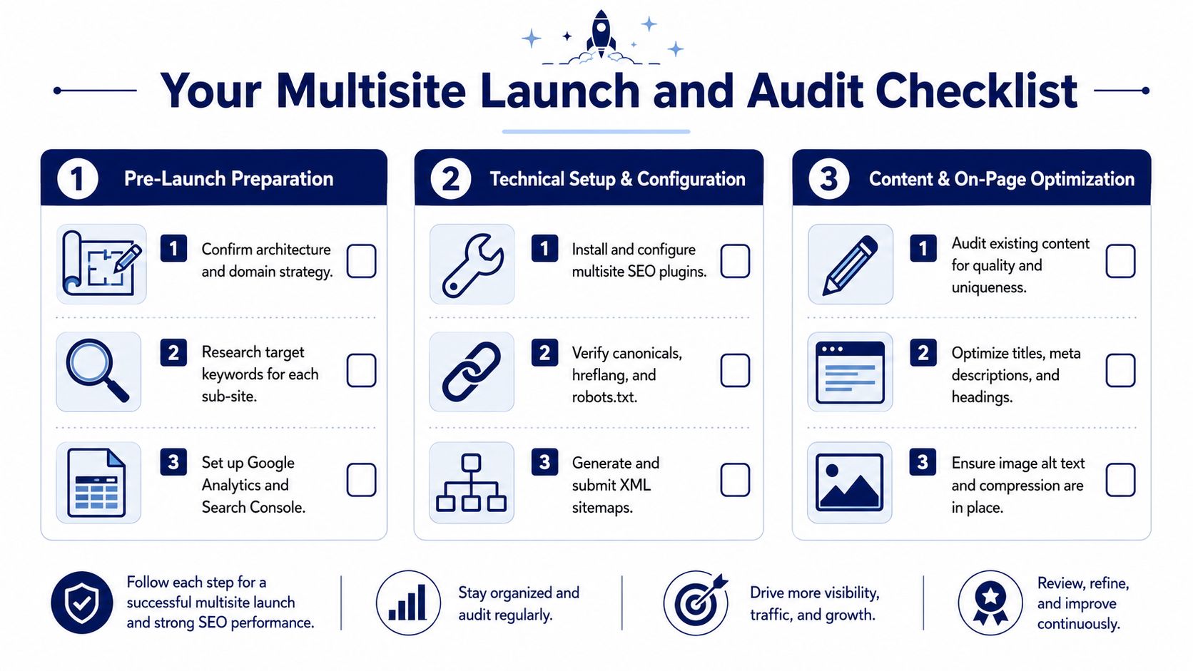 A comprehensive three-step infographic checklist for planning, configuring, and optimizing a WordPress multisite SEO strategy.