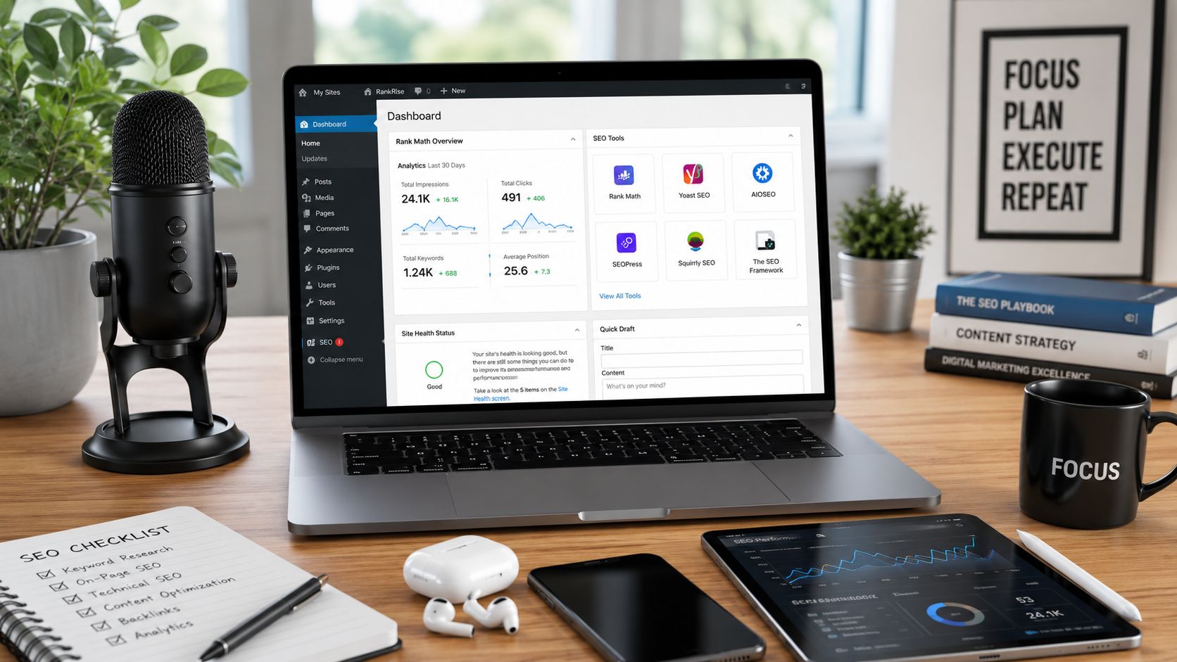 A professional desk workspace featuring a laptop showing a WordPress dashboard, SEO checklist, microphone, and tablet.